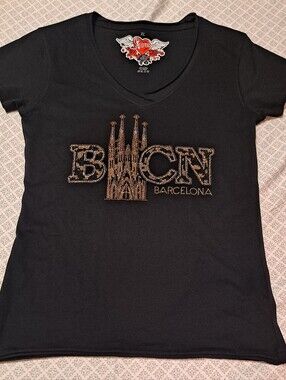 Barcelona Embellished V-Neck Tee - Black XL